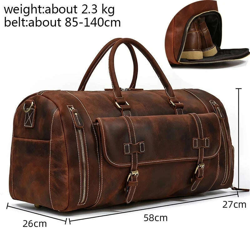 Luufan Genuine Leather Men's Travel Bag With Shoe Pocket Retro Crazy Horse Leather Big Capacity Luggag Bag Business Trip Handbag - KIMLUD