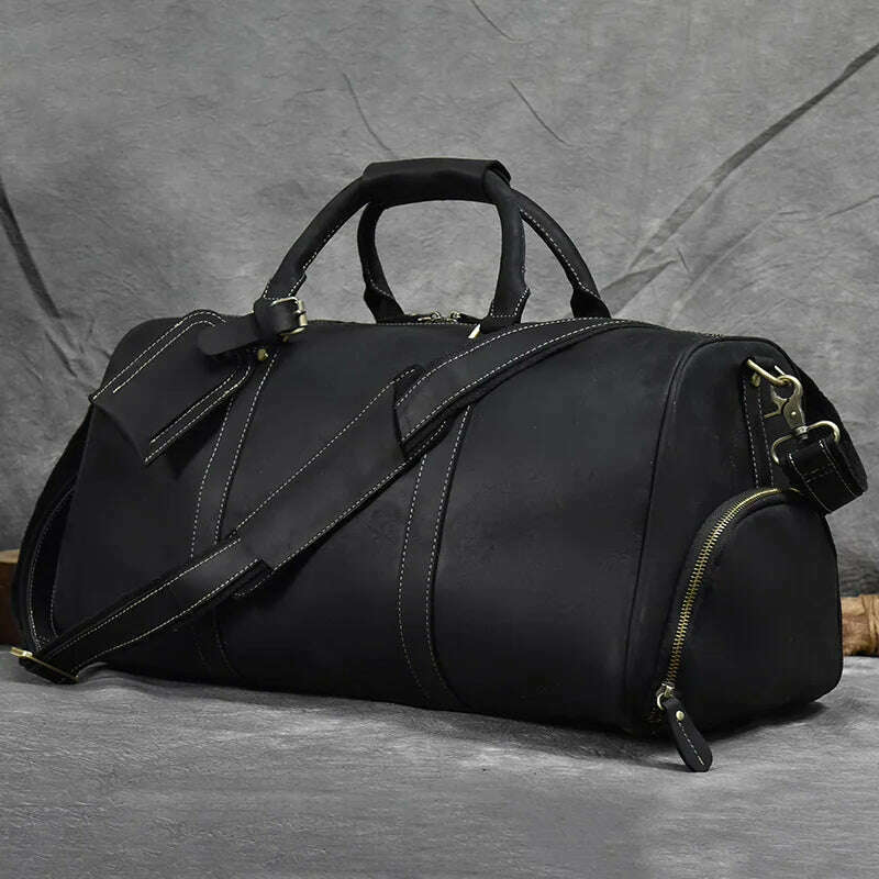 KIMLUD, Luufan Genuine Leather Men's Travel Bag With Shoe Pocket Retro Crazy Horse Leather Big Capacity Luggag Bag Business Trip Handbag, Black(52cm) / China, KIMLUD Womens Clothes