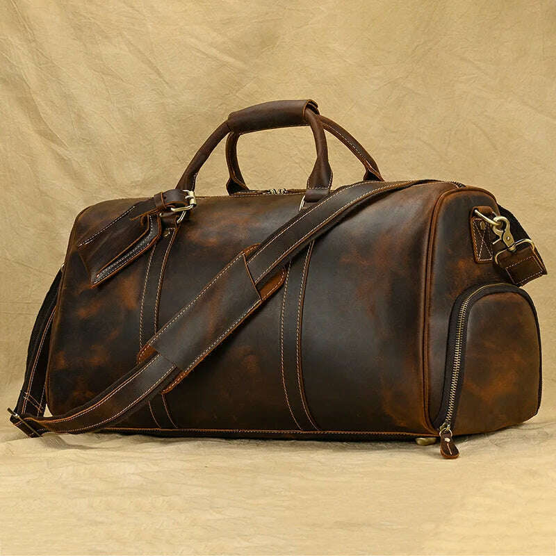 Luufan Genuine Leather Men's Travel Bag With Shoe Pocket Retro Crazy Horse Leather Big Capacity Luggag Bag Business Trip Handbag - KIMLUD