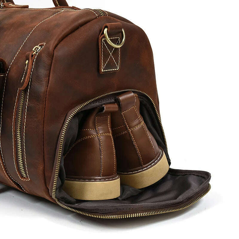 Luufan Genuine Leather Men's Travel Bag With Shoe Pocket Retro Crazy Horse Leather Big Capacity Luggag Bag Business Trip Handbag - KIMLUD