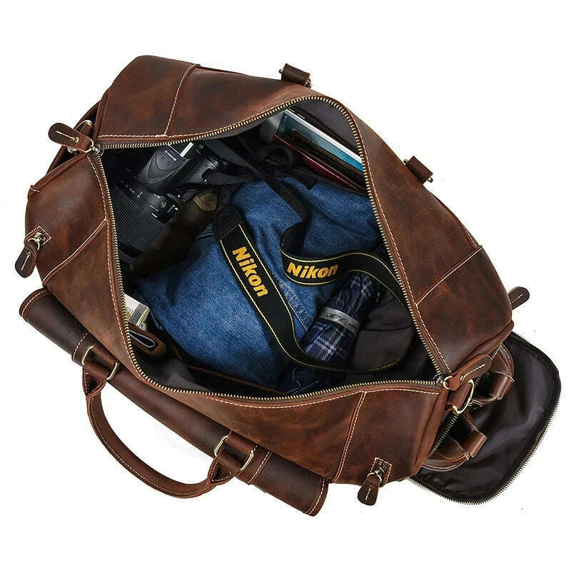 Luufan Genuine Leather Men's Travel Bag With Shoe Pocket Retro Crazy Horse Leather Big Capacity Luggag Bag Business Trip Handbag - KIMLUD