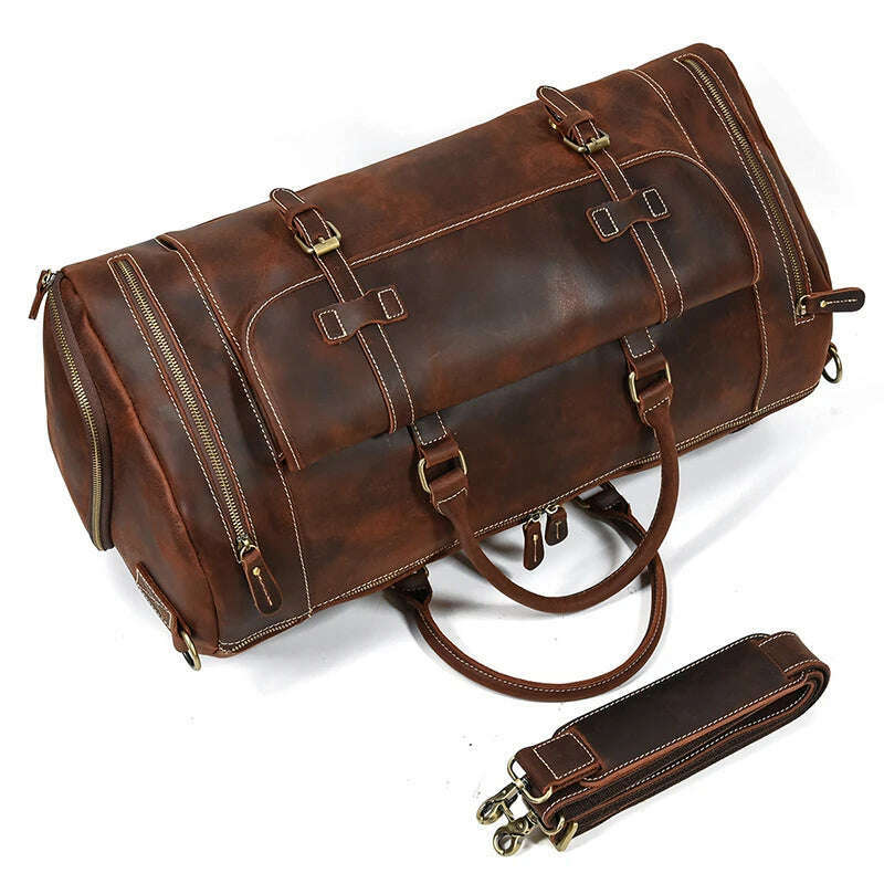 Luufan Genuine Leather Men's Travel Bag With Shoe Pocket Retro Crazy Horse Leather Big Capacity Luggag Bag Business Trip Handbag - KIMLUD