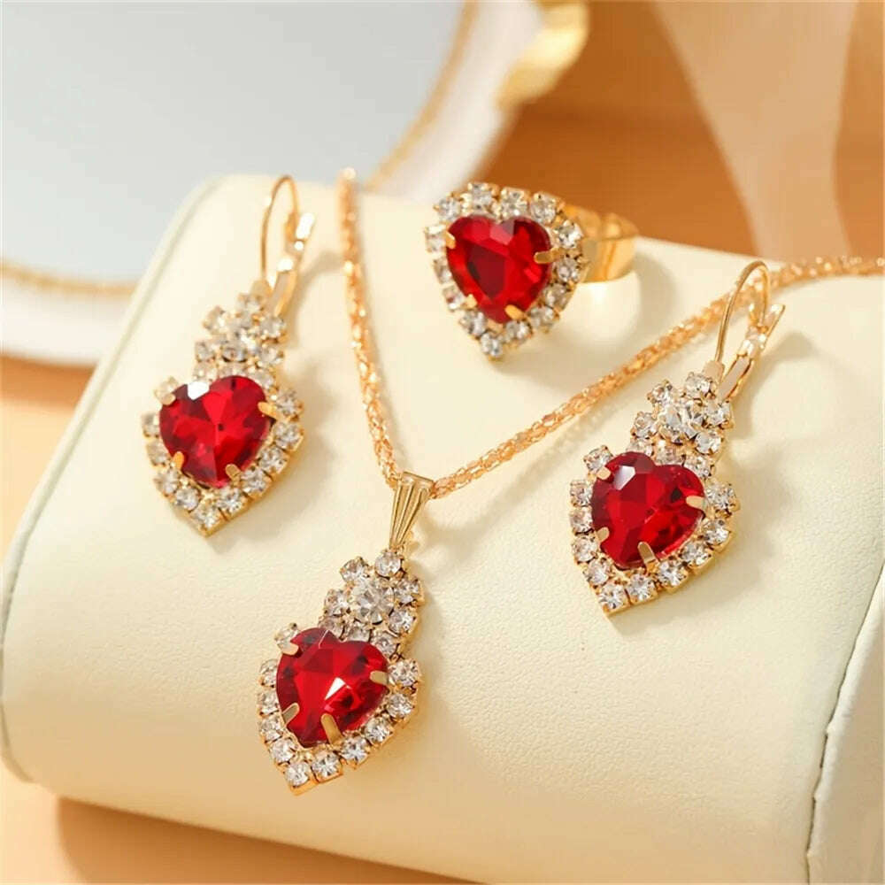 KIMLUD, Luxurious Design Heart Shape Red Crystal Necklace Ring Earrings Jewelry Set Elegant Bridal Wedding Accessories Anniversary Gifts, KIMLUD Womens Clothes