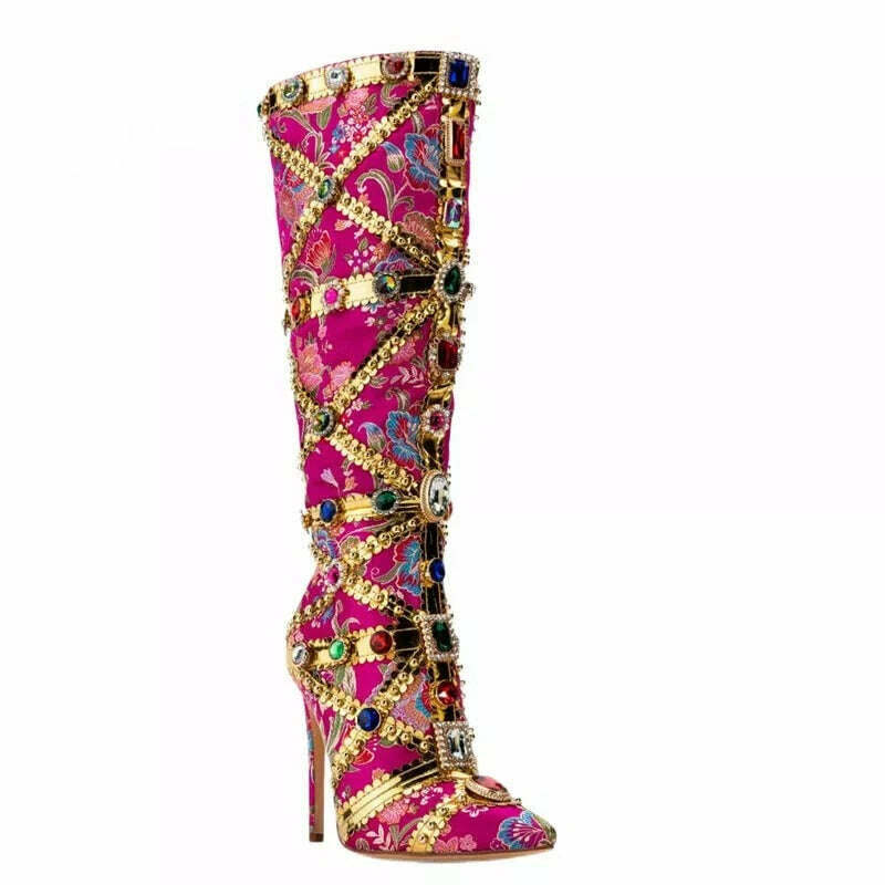 KIMLUD, Luxurious Gemstone-embellished Knee High Boots Women Rose Red Floral Satin Boot Ladies Sexy Pointed-toe Stiletto Botas De Mujer, 10cm heels / 35, KIMLUD APPAREL - Womens Clothes