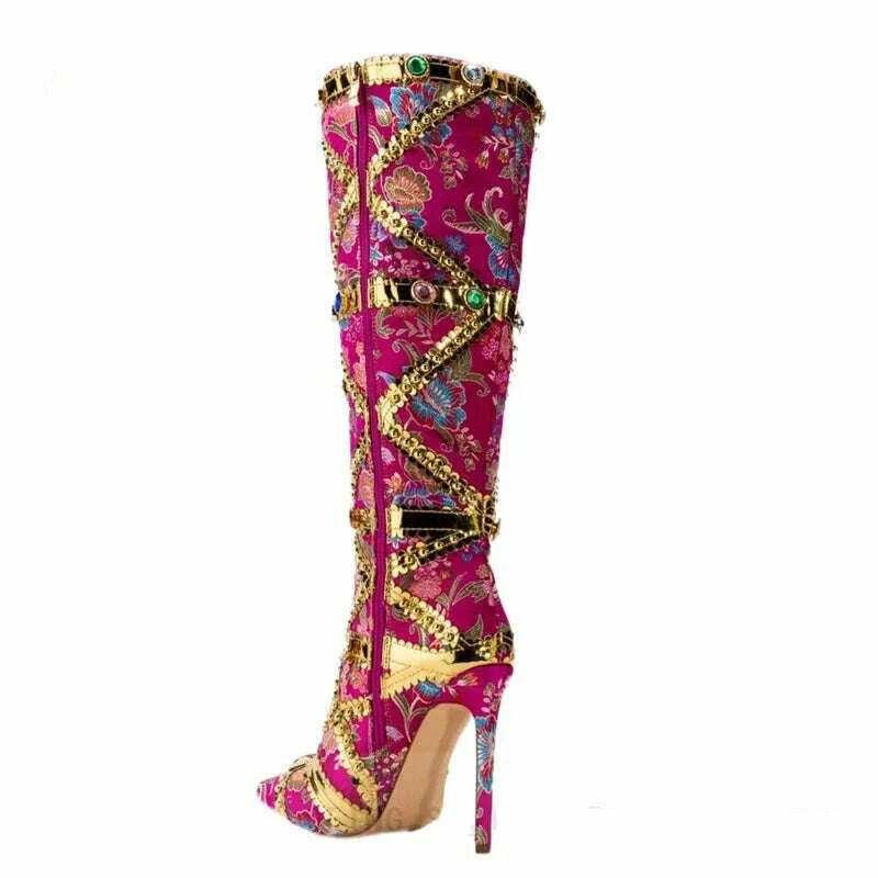 KIMLUD, Luxurious Gemstone-embellished Knee High Boots Women Rose Red Floral Satin Boot Ladies Sexy Pointed-toe Stiletto Botas De Mujer, KIMLUD Womens Clothes