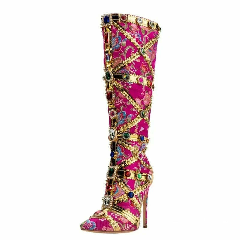 KIMLUD, Luxurious Gemstone-embellished Knee High Boots Women Rose Red Floral Satin Boot Ladies Sexy Pointed-toe Stiletto Botas De Mujer, KIMLUD Womens Clothes