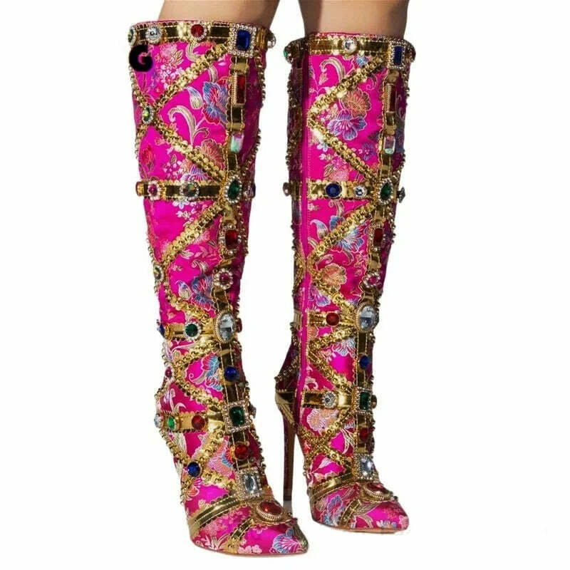 KIMLUD, Luxurious Gemstone-embellished Knee High Boots Women Rose Red Floral Satin Boot Ladies Sexy Pointed-toe Stiletto Botas De Mujer, KIMLUD Womens Clothes