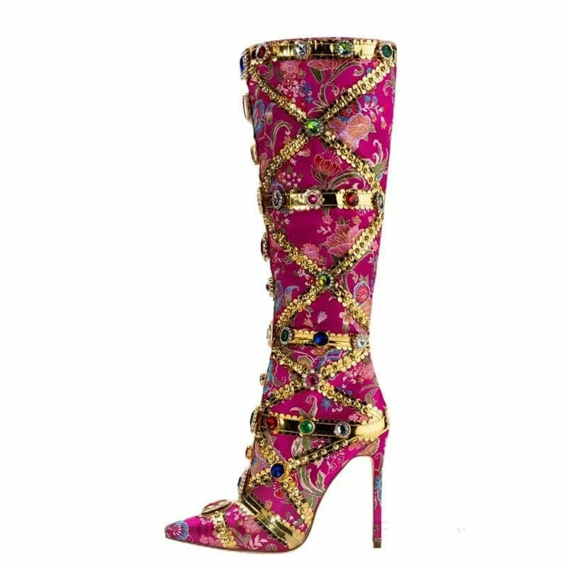 KIMLUD, Luxurious Gemstone-embellished Knee High Boots Women Rose Red Floral Satin Boot Ladies Sexy Pointed-toe Stiletto Botas De Mujer, KIMLUD Womens Clothes