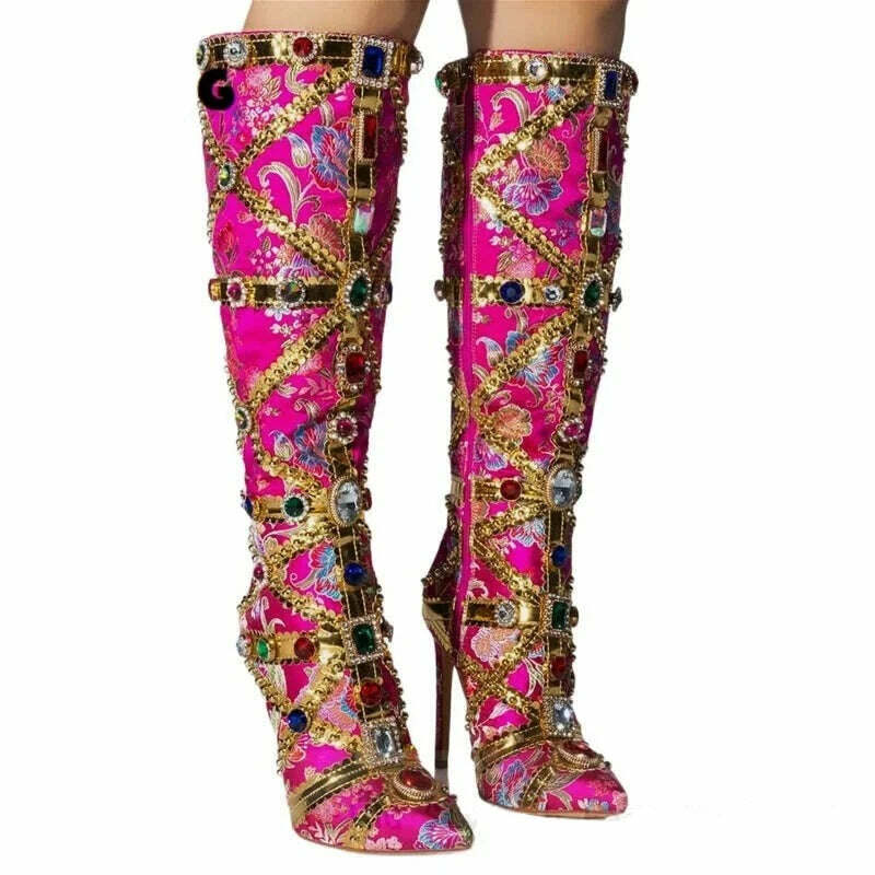 KIMLUD, Luxurious Gemstone-embellished Knee High Boots Women Rose Red Floral Satin Boot Ladies Sexy Pointed-toe Stiletto Botas De Mujer, KIMLUD Womens Clothes