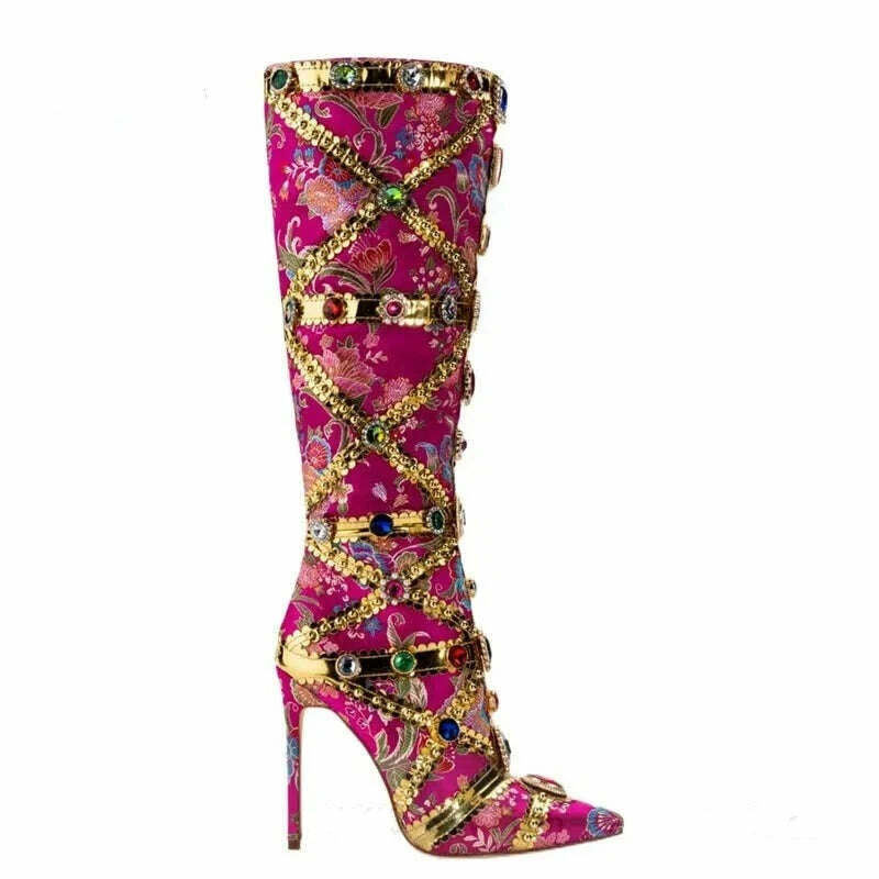 KIMLUD, Luxurious Gemstone-embellished Knee High Boots Women Rose Red Floral Satin Boot Ladies Sexy Pointed-toe Stiletto Botas De Mujer, KIMLUD Womens Clothes