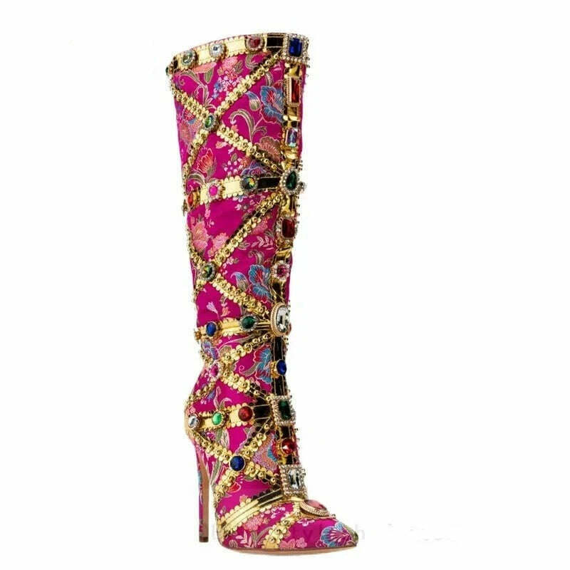 KIMLUD, Luxurious Gemstone-embellished Knee High Boots Women Rose Red Floral Satin Boot Ladies Sexy Pointed-toe Stiletto Botas De Mujer, KIMLUD Womens Clothes