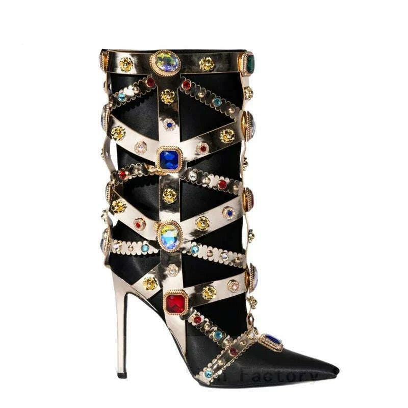 KIMLUD, Luxurious Gemstone-embellished Mid Calf Boots Women Fashion Satin Short Boots Ladies Sexy Pointed-toe Stilettos Botas De Mujer, 12cm heels 1 / 35, KIMLUD APPAREL - Womens Clothes