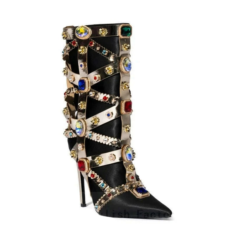 KIMLUD, Luxurious Gemstone-embellished Mid Calf Boots Women Fashion Satin Short Boots Ladies Sexy Pointed-toe Stilettos Botas De Mujer, 10cm heels 1 / 35, KIMLUD APPAREL - Womens Clothes