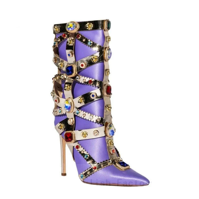 KIMLUD, Luxurious Gemstone-embellished Mid Calf Boots Women Fashion Satin Short Boots Ladies Sexy Pointed-toe Stilettos Botas De Mujer, 10cm heels / 35, KIMLUD APPAREL - Womens Clothes