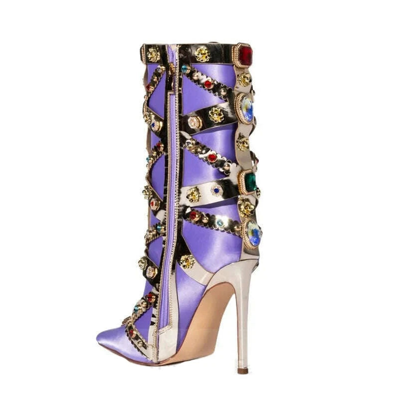 KIMLUD, Luxurious Gemstone-embellished Mid Calf Boots Women Fashion Satin Short Boots Ladies Sexy Pointed-toe Stilettos Botas De Mujer, KIMLUD Womens Clothes