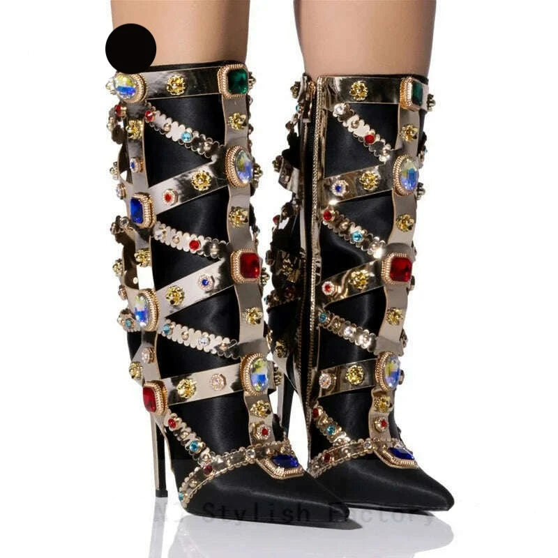 KIMLUD, Luxurious Gemstone-embellished Mid Calf Boots Women Fashion Satin Short Boots Ladies Sexy Pointed-toe Stilettos Botas De Mujer, KIMLUD Womens Clothes