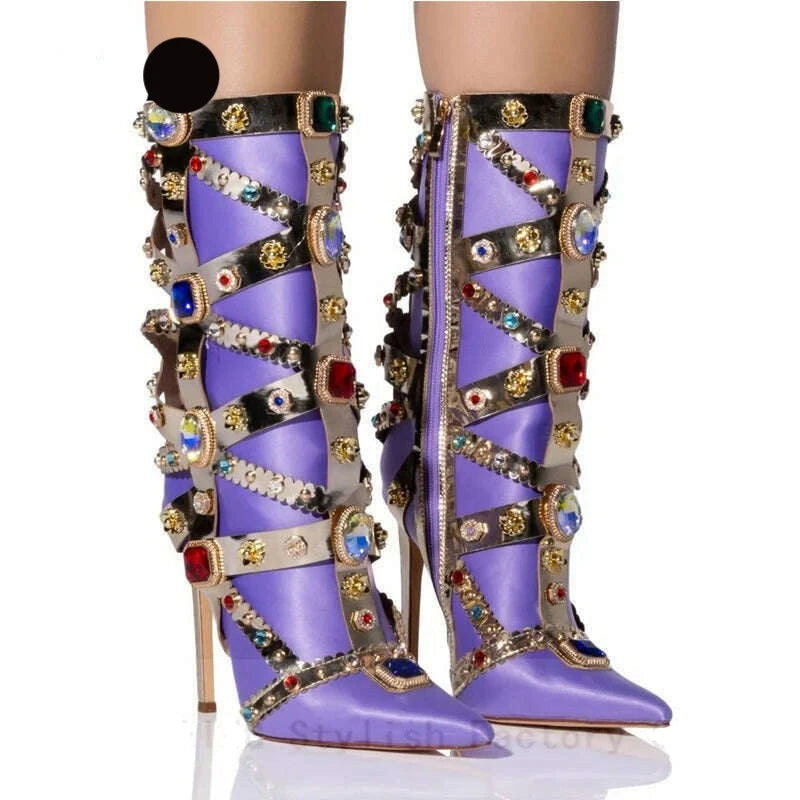 KIMLUD, Luxurious Gemstone-embellished Mid Calf Boots Women Fashion Satin Short Boots Ladies Sexy Pointed-toe Stilettos Botas De Mujer, KIMLUD Womens Clothes