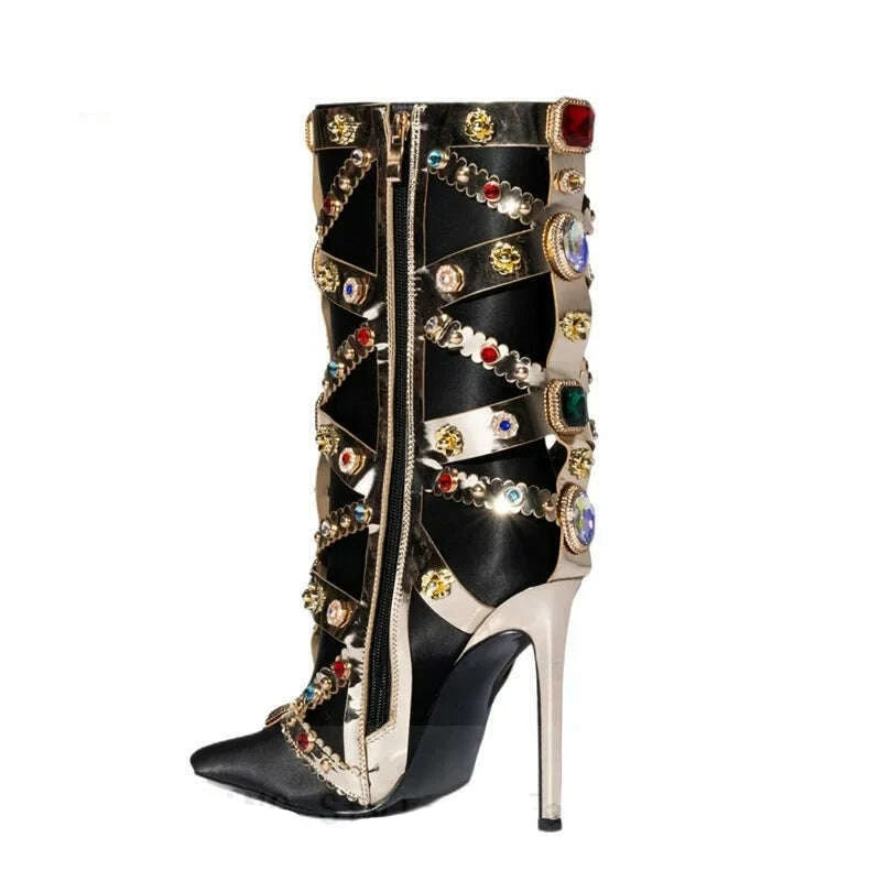 KIMLUD, Luxurious Gemstone-embellished Mid Calf Boots Women Fashion Satin Short Boots Ladies Sexy Pointed-toe Stilettos Botas De Mujer, KIMLUD Womens Clothes