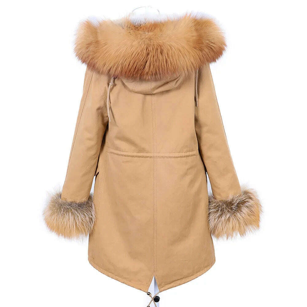 KIMLUD, Luxurious Winter Women Big Raccoon Fur Collar Real Fur Coat Long Rabbit Fur Lining Hooded Parka Warm Coats, KIMLUD Womens Clothes