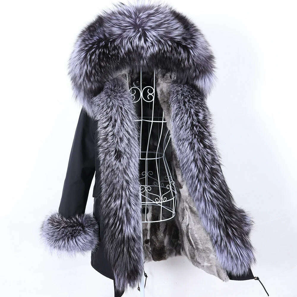 KIMLUD, Luxurious Winter Women Big Raccoon Fur Collar Real Fur Coat Long Rabbit Fur Lining Hooded Parka Warm Coats, KIMLUD Women's Clothes