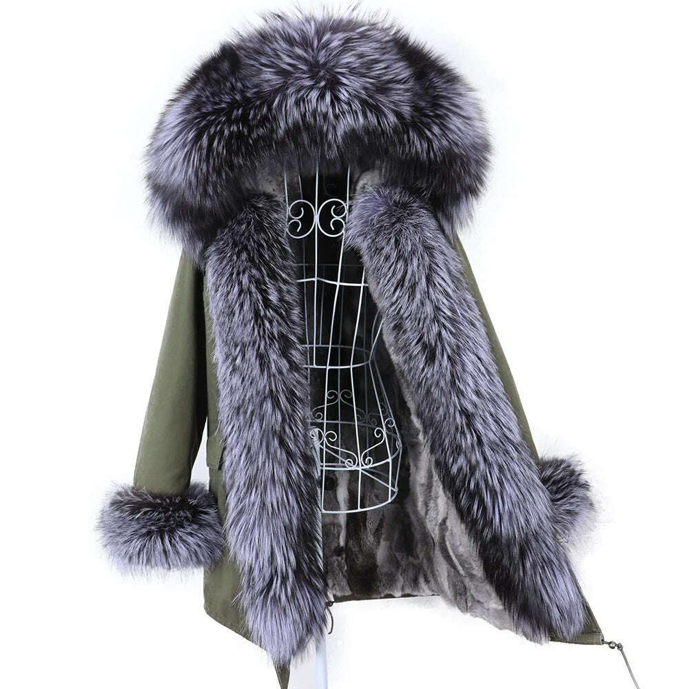 KIMLUD, Luxurious Winter Women Big Raccoon Fur Collar Real Fur Coat Long Rabbit Fur Lining Hooded Parka Warm Coats, KIMLUD Womens Clothes