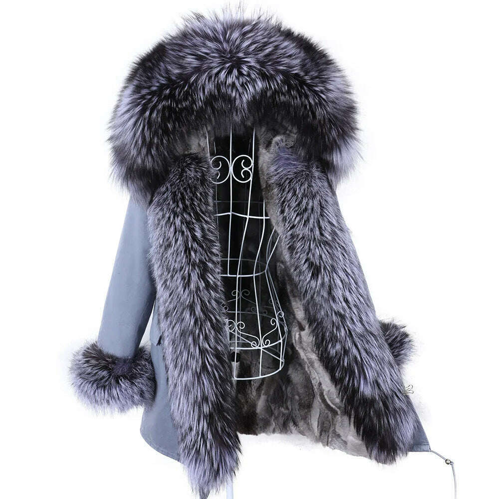 KIMLUD, Luxurious Winter Women Big Raccoon Fur Collar Real Fur Coat Long Rabbit Fur Lining Hooded Parka Warm Coats, 32 / XL, KIMLUD Women's Clothes
