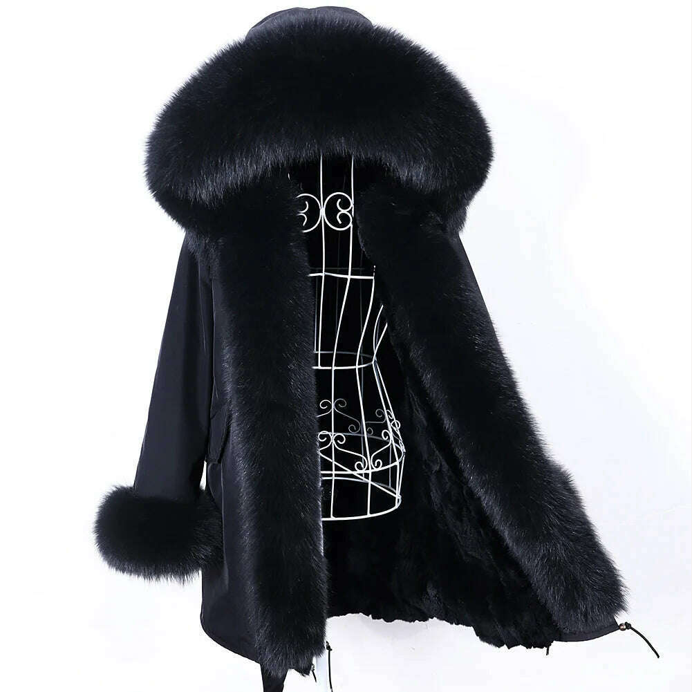 KIMLUD, Luxurious Winter Women Big Raccoon Fur Collar Real Fur Coat Long Rabbit Fur Lining Hooded Parka Warm Coats, 47 / 3XL, KIMLUD Women's Clothes
