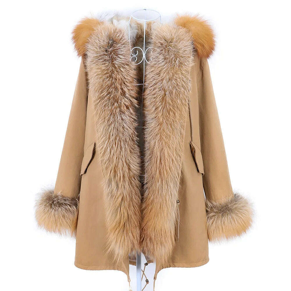 KIMLUD, Luxurious Winter Women Big Raccoon Fur Collar Real Fur Coat Long Rabbit Fur Lining Hooded Parka Warm Coats, KIMLUD Women's Clothes