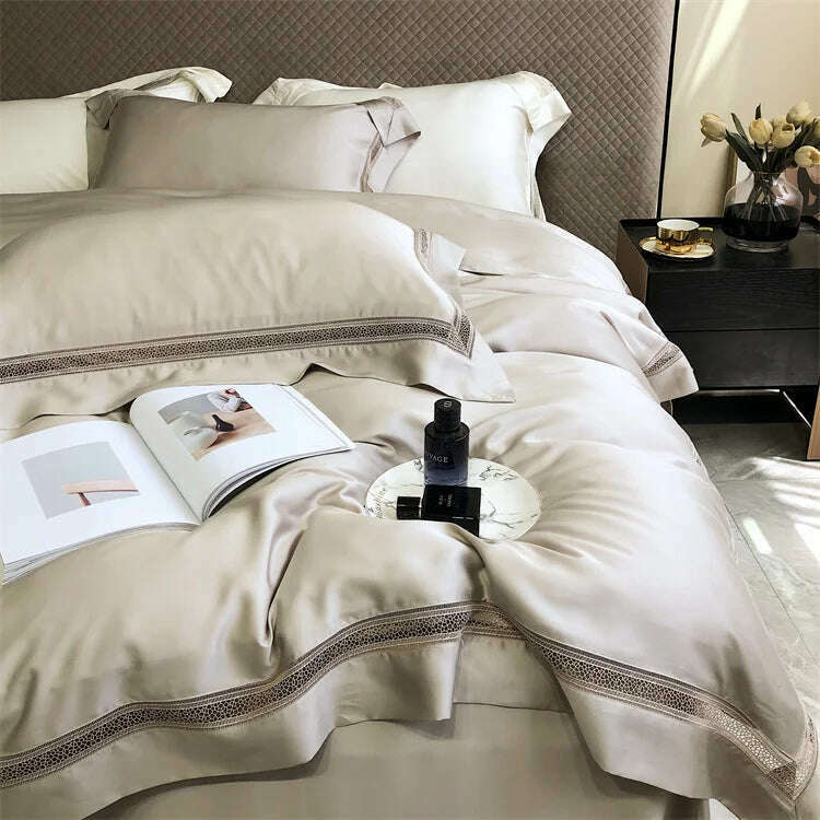 KIMLUD, Luxury 1000TC Egyptian Cotton Soft Cozy Bedding Set Hollow Out Lace Broad Side Duvet Cover Set Flat/Fitted Bed Sheet Pillowcases, KIMLUD Womens Clothes