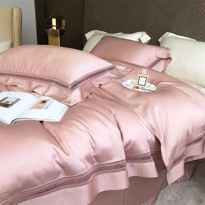Luxury 1000TC Egyptian Cotton Soft Cozy Bedding Set Hollow Out Lace Broad Side Duvet Cover Set Flat/Fitted Bed Sheet Pillowcases, 2 / Queen Size 4pcs / Flat Bed Sheet, KIMLUD Women's Clothes