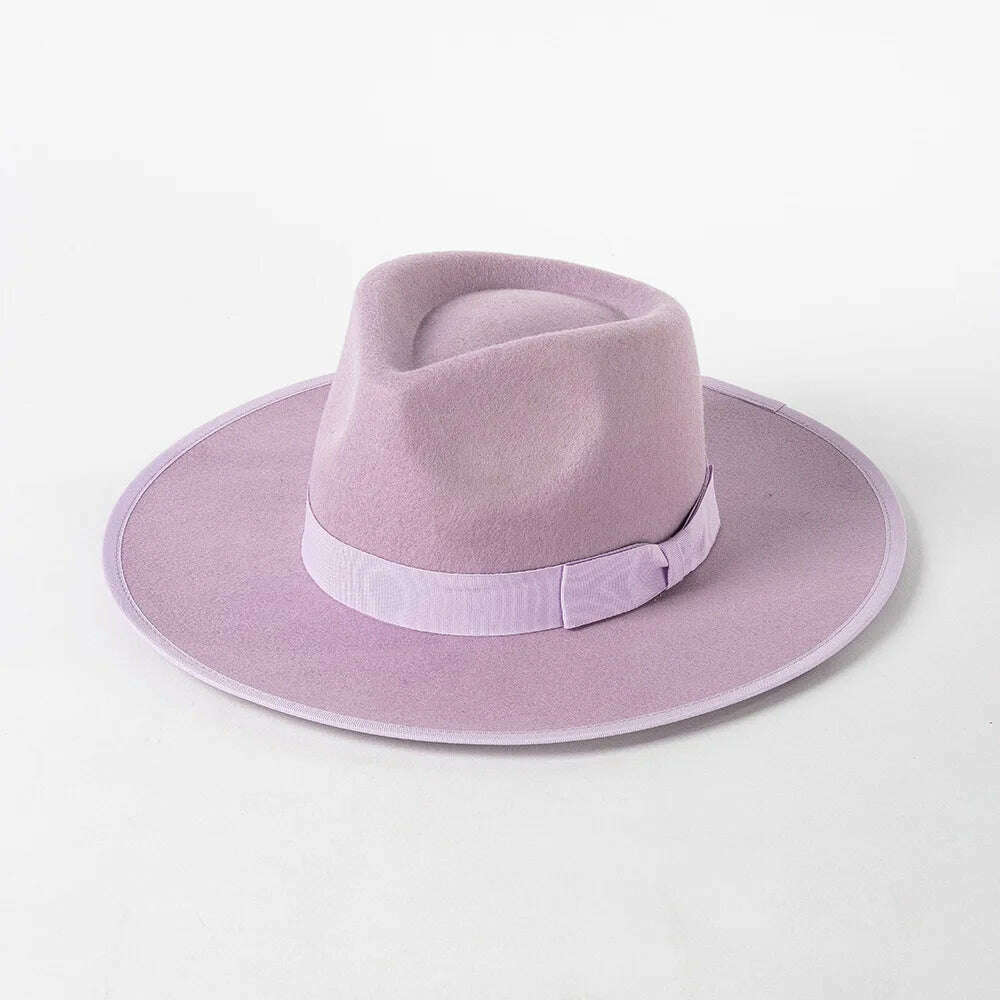 KIMLUD, Luxury Australian wool Panama Hat for women Winter Hat ribbon Band trimmed wide brim fedora hats stiff crown ladies hat chapeau, Light Purple, KIMLUD Womens Clothes