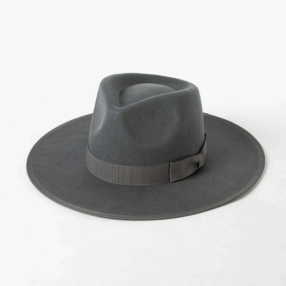 KIMLUD, Luxury Australian wool Panama Hat for women Winter Hat ribbon Band trimmed wide brim fedora hats stiff crown ladies hat chapeau, Gray, KIMLUD Womens Clothes