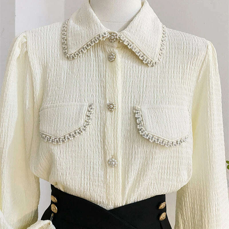 KIMLUD, Luxury Beaded Stitch Shirts Blouses For Women's Spring Autumn New Fashion Beige Shirt Long Sleeve Office Lady Elegant Top, KIMLUD Women's Clothes