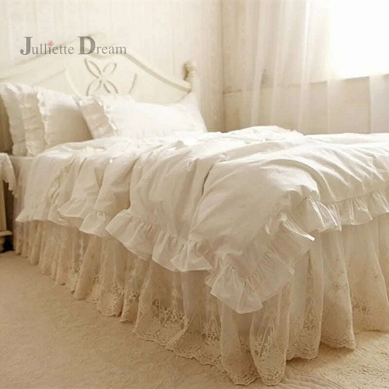 KIMLUD, Luxury Bedding set ruffle Duvet cover set Embroidery lace yarn bed cover set bedspread Double layers bed sheet Queen bedding set, KIMLUD Women's Clothes