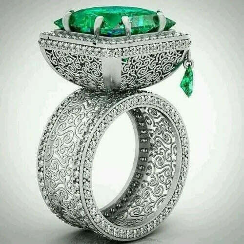 Luxury Big Crystal Green Stone Ring Male Female Silver Color Engagement Ring Vintage Party Wedding Rings For Women - KIMLUD