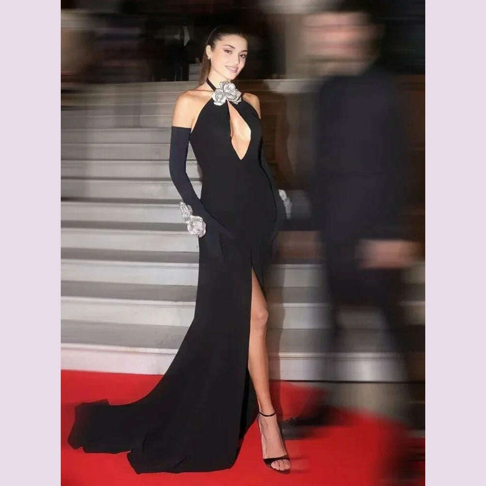 KIMLUD, Luxury Black Long One-piece Dress Gown Women Halter Key Hole Open Leg with Golves Maxi Long Celebrity Evening Club Party Dresses, KIMLUD Womens Clothes