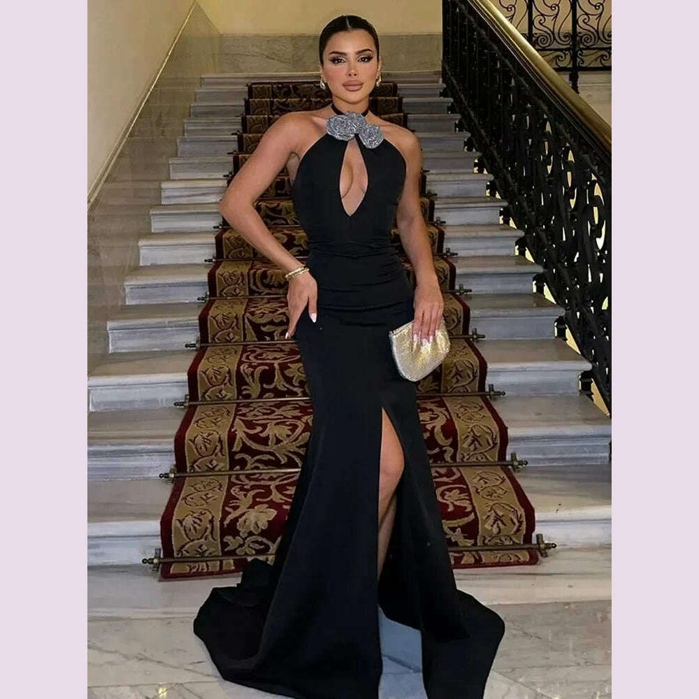 KIMLUD, Luxury Black Long One-piece Dress Gown Women Halter Key Hole Open Leg with Golves Maxi Long Celebrity Evening Club Party Dresses, KIMLUD Womens Clothes