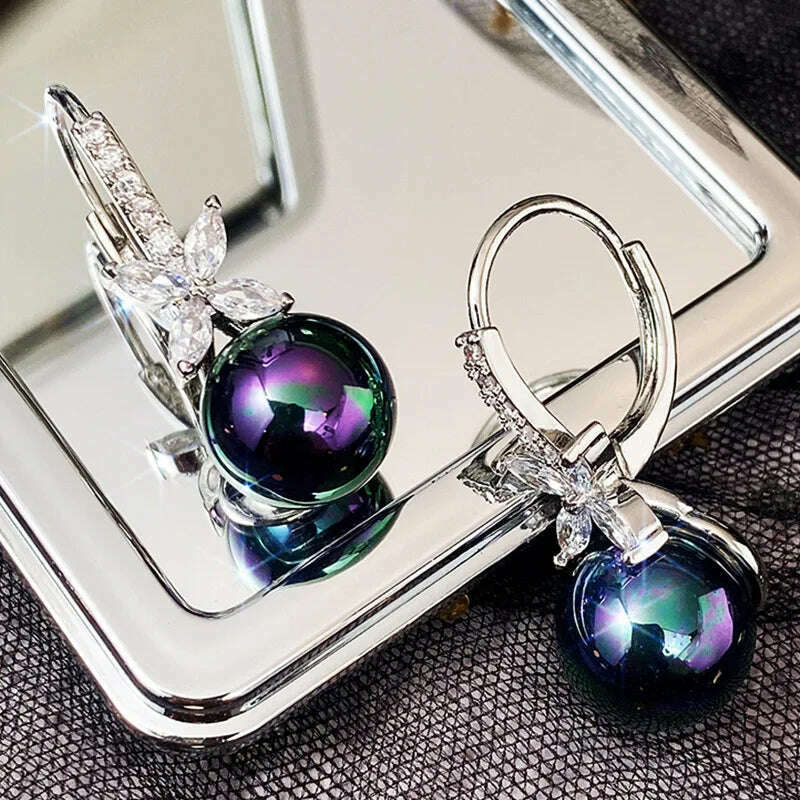 KIMLUD, Luxury Black/purple Drop Pearls Earrings for Women Solid 925 Silver Needle Cube Cubic Zirconia Ear Hook Bridal Wedding Jewelry, KIMLUD Womens Clothes