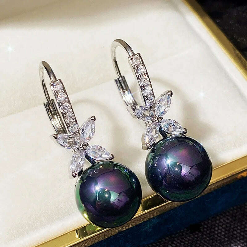 KIMLUD, Luxury Black/purple Drop Pearls Earrings for Women Solid 925 Silver Needle Cube Cubic Zirconia Ear Hook Bridal Wedding Jewelry, KIMLUD Women's Clothes