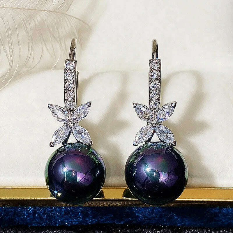 KIMLUD, Luxury Black/purple Drop Pearls Earrings for Women Solid 925 Silver Needle Cube Cubic Zirconia Ear Hook Bridal Wedding Jewelry, KIMLUD Womens Clothes