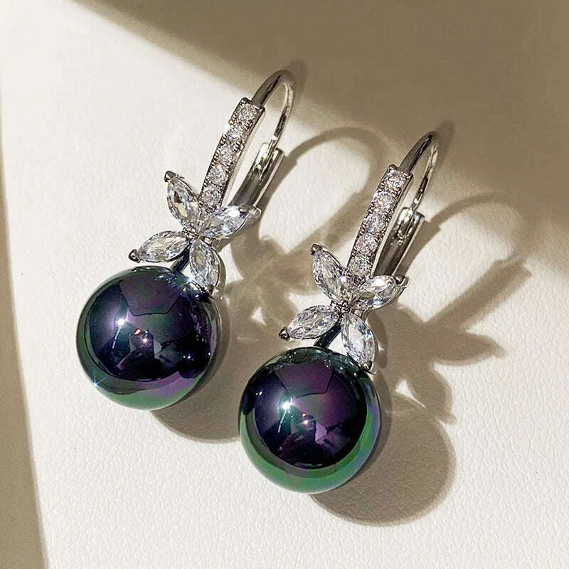 KIMLUD, Luxury Black/purple Drop Pearls Earrings for Women Solid 925 Silver Needle Cube Cubic Zirconia Ear Hook Bridal Wedding Jewelry, KIMLUD Women's Clothes