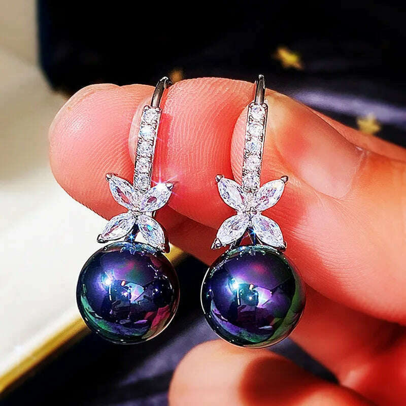 KIMLUD, Luxury Black/purple Drop Pearls Earrings for Women Solid 925 Silver Needle Cube Cubic Zirconia Ear Hook Bridal Wedding Jewelry, KIMLUD Womens Clothes