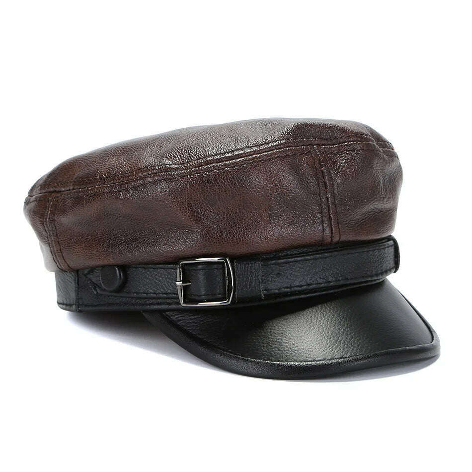 KIMLUD, Luxury Brand Hat Women Men Military Caps Black Real Leather studentsr Hats Flat Female Adjustable Autumn Winter Captain Caps, brown black / China / 55-56cm, KIMLUD Womens Clothes