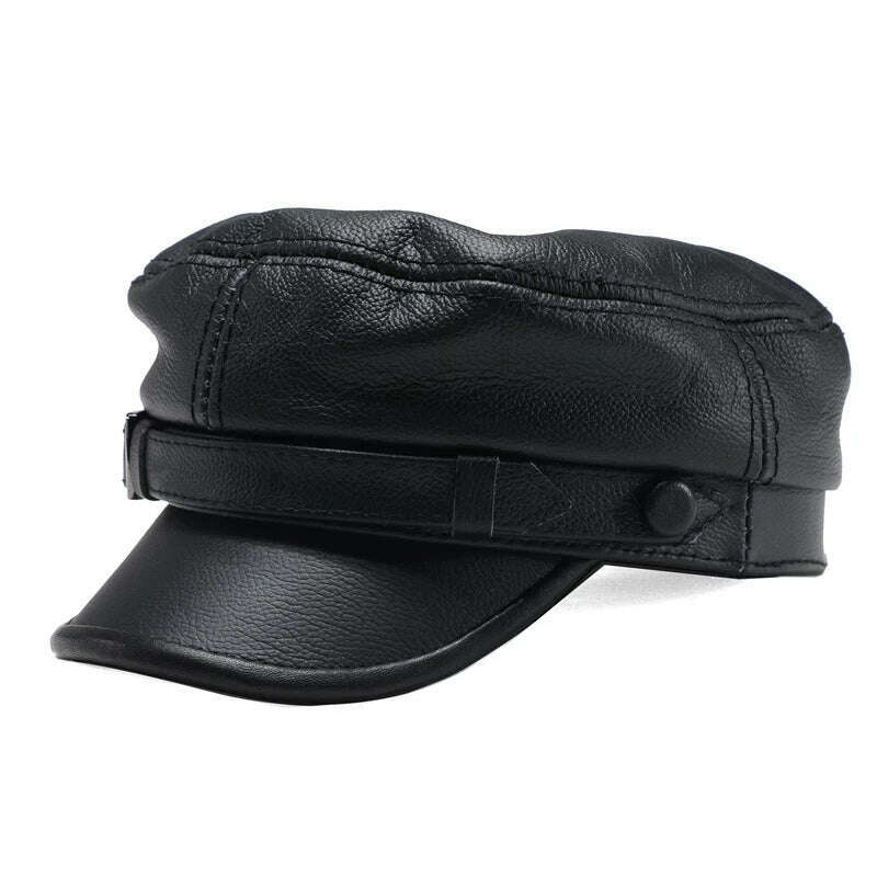 KIMLUD, Luxury Brand Hat Women Men Military Caps Black Real Leather studentsr Hats Flat Female Adjustable Autumn Winter Captain Caps, KIMLUD Womens Clothes