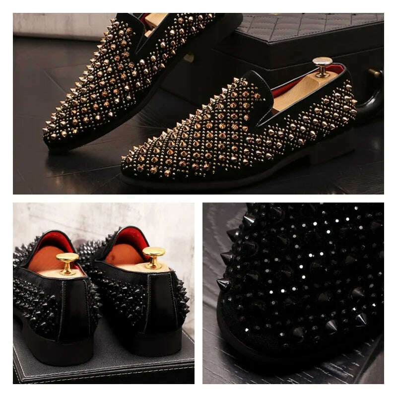 Luxury Brand Men's Fashion Rivets Shoes Black Punk Flats Loafers Men Handmade Spiked Man Party Wedding Shoes Soft Moccasins - KIMLUD