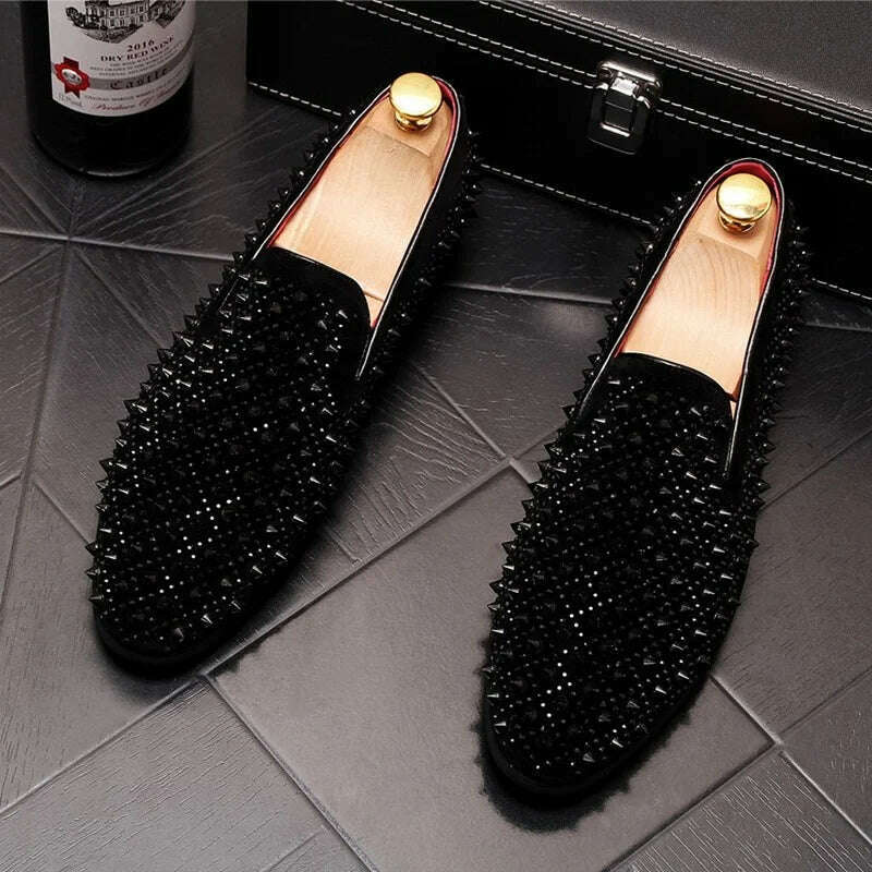 KIMLUD, Luxury Brand Men's Fashion Rivets Shoes Black Punk Flats Loafers Men Handmade Spiked Man Party Wedding Shoes Soft Moccasins, KIMLUD Womens Clothes