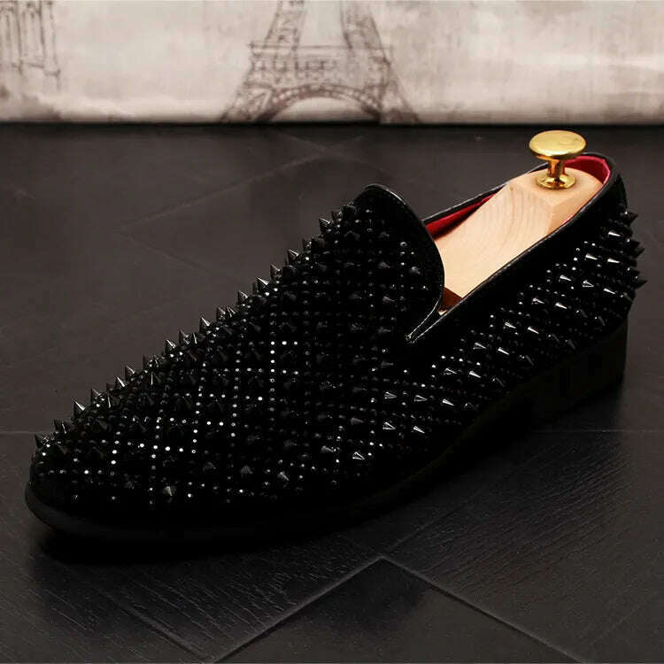 KIMLUD, Luxury Brand Men's Fashion Rivets Shoes Black Punk Flats Loafers Men Handmade Spiked Man Party Wedding Shoes Soft Moccasins, KIMLUD Womens Clothes