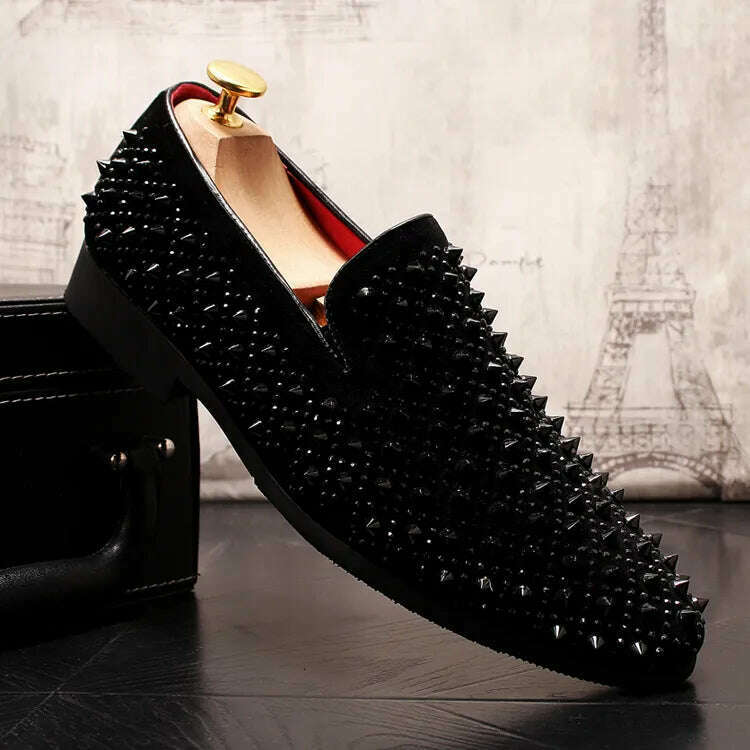 Luxury Brand Men's Fashion Rivets Shoes Black Punk Flats Loafers Men Handmade Spiked Man Party Wedding Shoes Soft Moccasins - KIMLUD