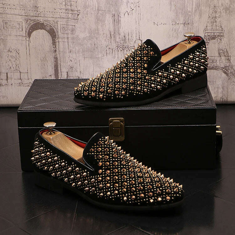 KIMLUD, Luxury Brand Men's Fashion Rivets Shoes Black Punk Flats Loafers Men Handmade Spiked Man Party Wedding Shoes Soft Moccasins, KIMLUD Womens Clothes
