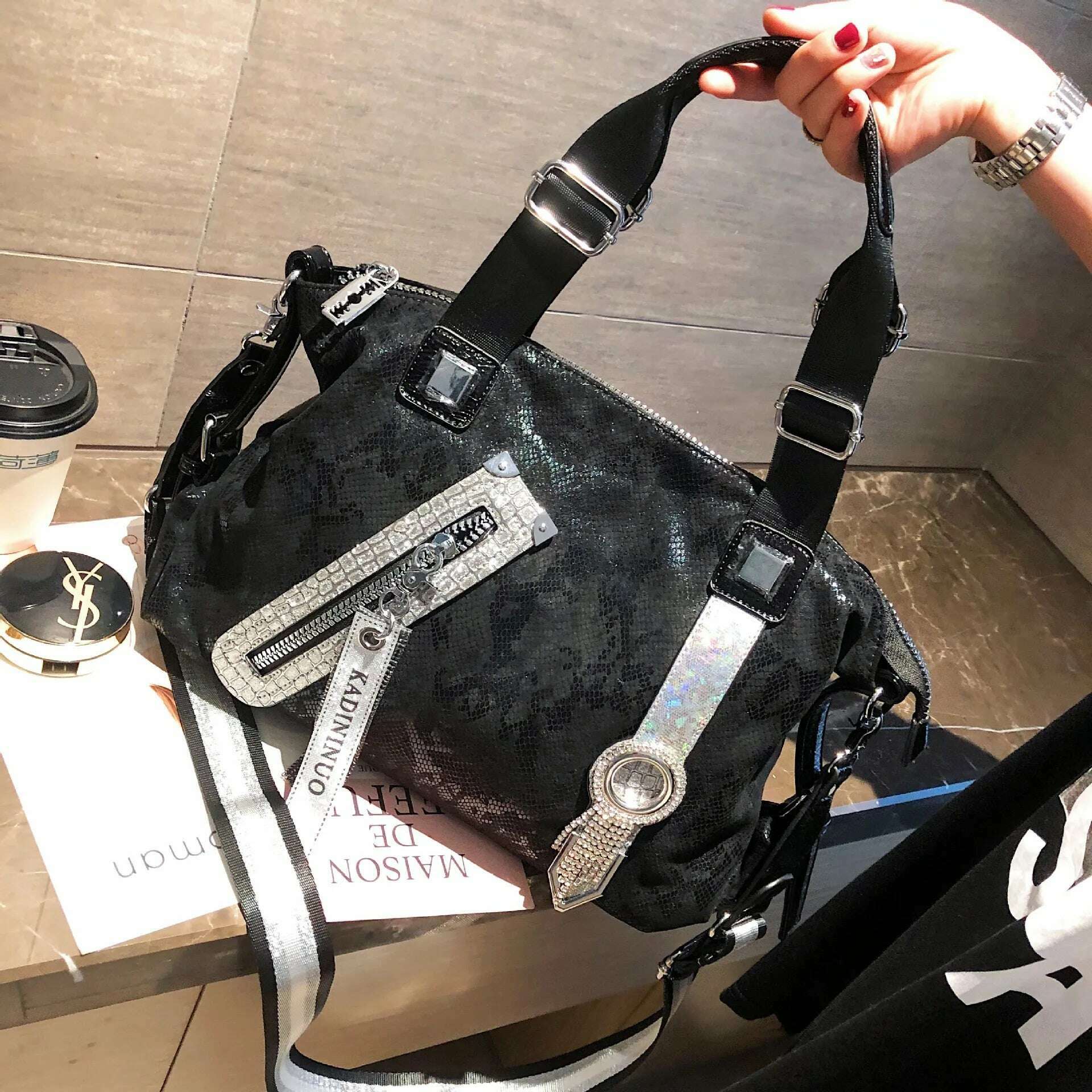 KIMLUD, Luxury Brand Rhinestone Women Handbags 2021 Fashion Leather Designer Crossbody Bags Female High Capacity Shoulder Bag Sac A Main, Black, KIMLUD Womens Clothes